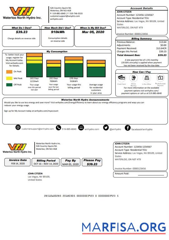 Blank USA Nevada Waterloo North Hydro utility bill template in Word and PDF format (version 2)